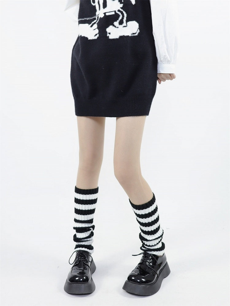 Leg Warmers cm and Black Retro 40 Striped Warm White Style Knit Mid-calf