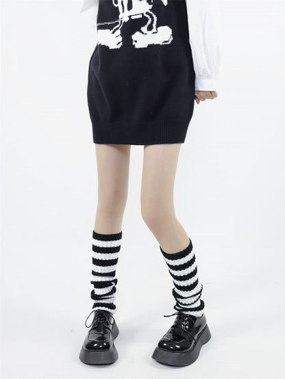 Leg Warmers cm and Black Retro 40 Striped Warm White Style Knit Mid-calf