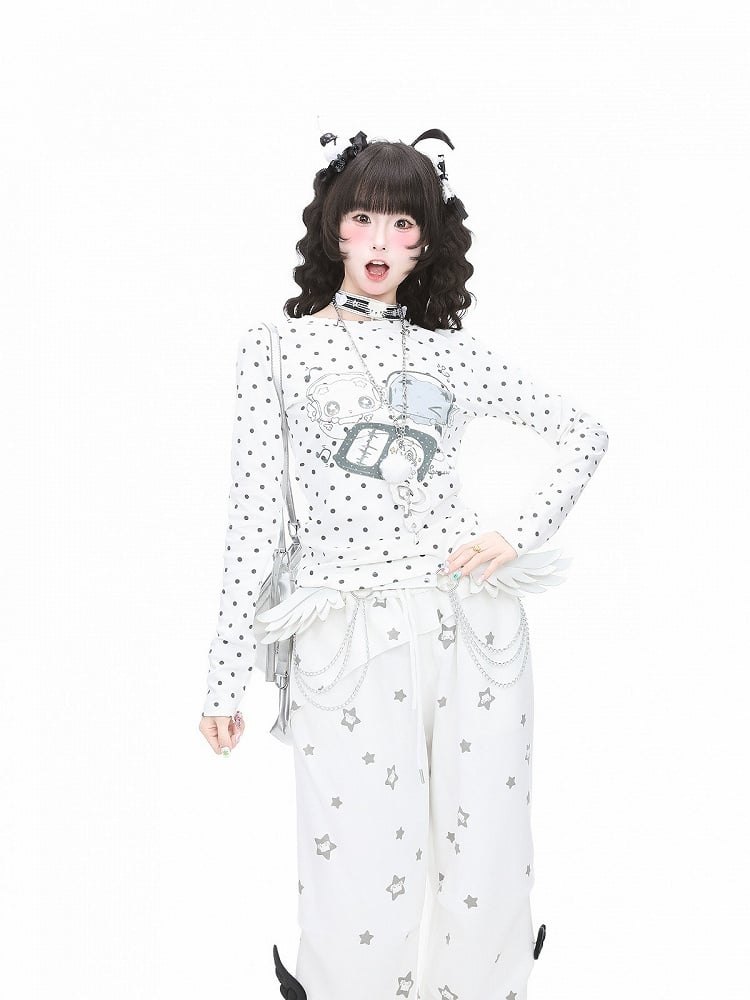 T-Shirt Dot Polka And Long Print Cartoon Sleeve Y2K White