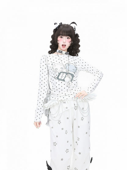 Y2K White Long Sleeve T-Shirt with Polka Dot and Cartoon Print - Languid Park