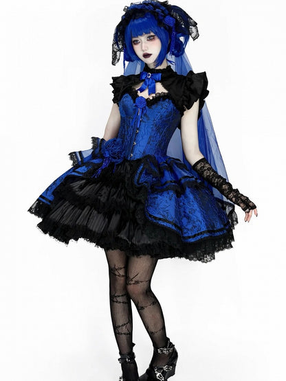 Gothic Lolita Boned Corset Top with Tiered Skirt and Collar in Klein Blue and Black - Somnium Isle