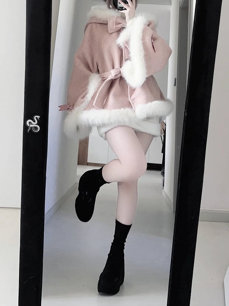 Plush-Trimmed Pink Cape Coat - Jirai Kei Pure Style with Detachable Bunny Ears & Bow Accents