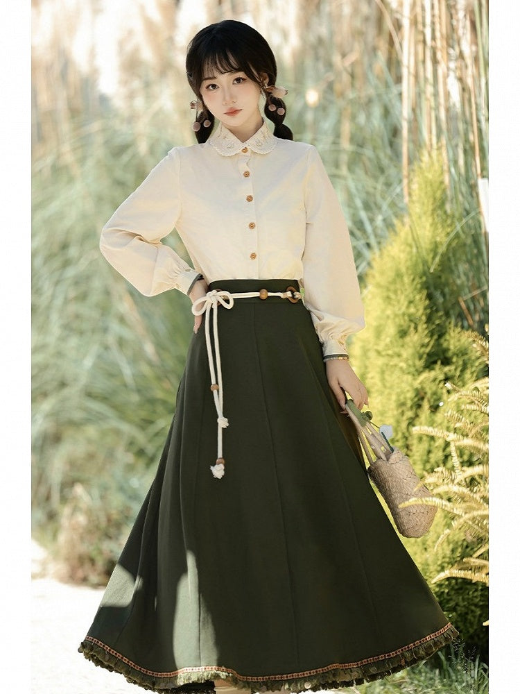 Floral Embroidered Plaid Top in Dark Green with White Blouse and Skirt Ensemble - Han Ru Chu Hanfu & Han-Element Studi