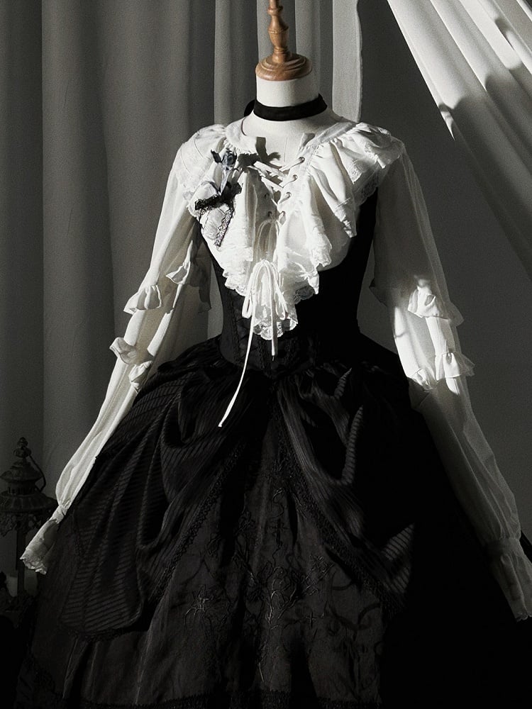 Detail Lolita with Under Bust Dress Embroidery Gothic Waist Black Boned