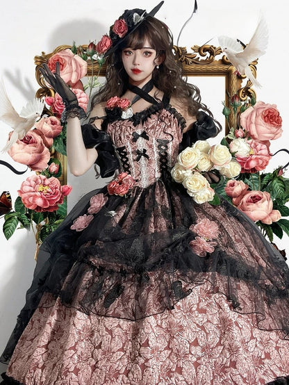 Floral Dark Bow Hime Details Dress Black Hanayome-style Pink Lace and Lolita with Embossed