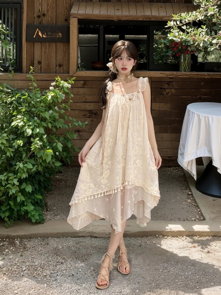 and Butterfly Accents Apricot Jacquard Dress with Tassel Hem Sleeveless Handkerchief Floral Hem