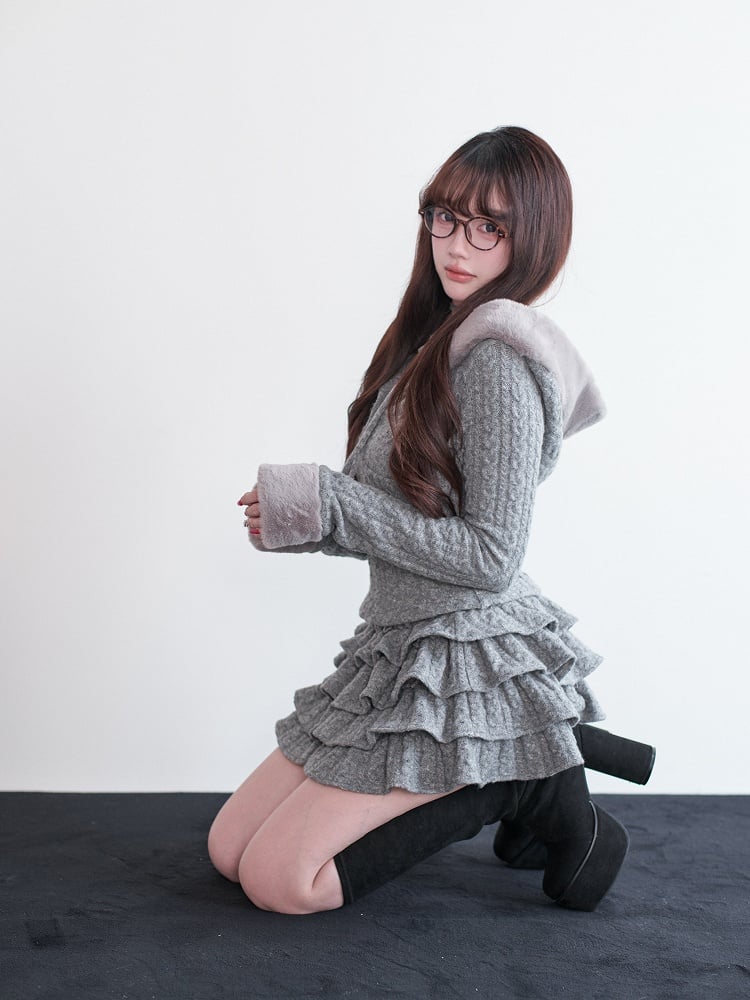 Jirai Skirt Knit Ruffle Multi-Layered Gray Kei