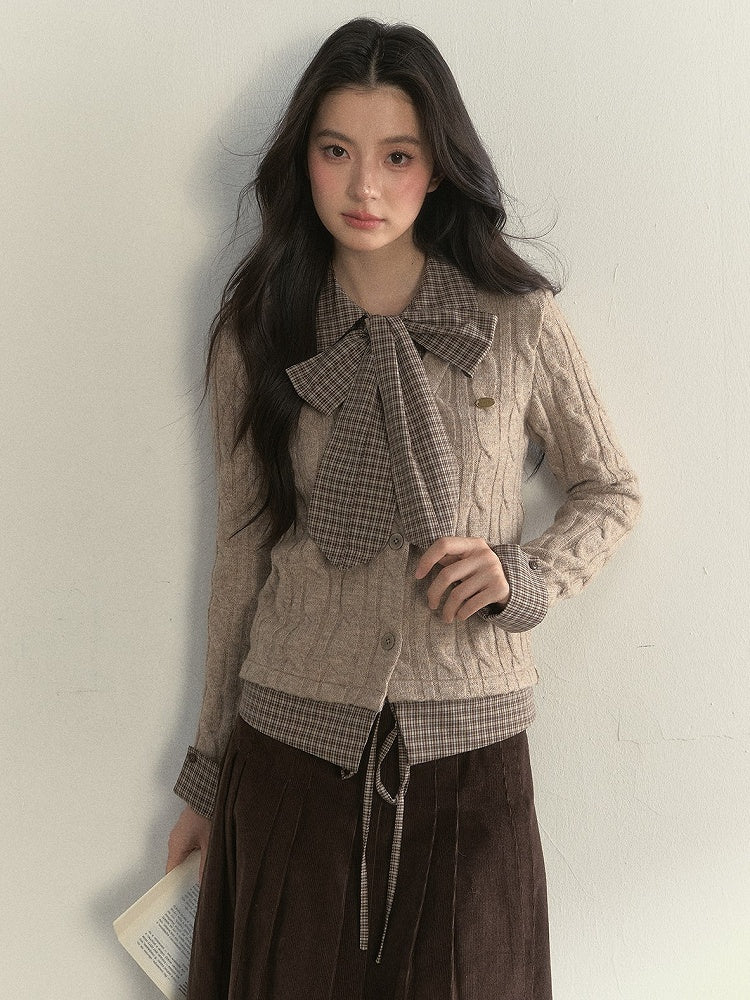 Plaid Faux Two-piece Khaki Vintage Elegant Sweater