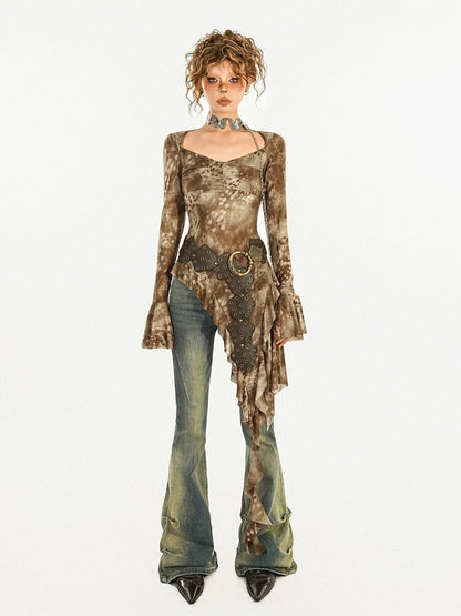 Asymmetrical Hem Bell Sleeve Coffee Blouse