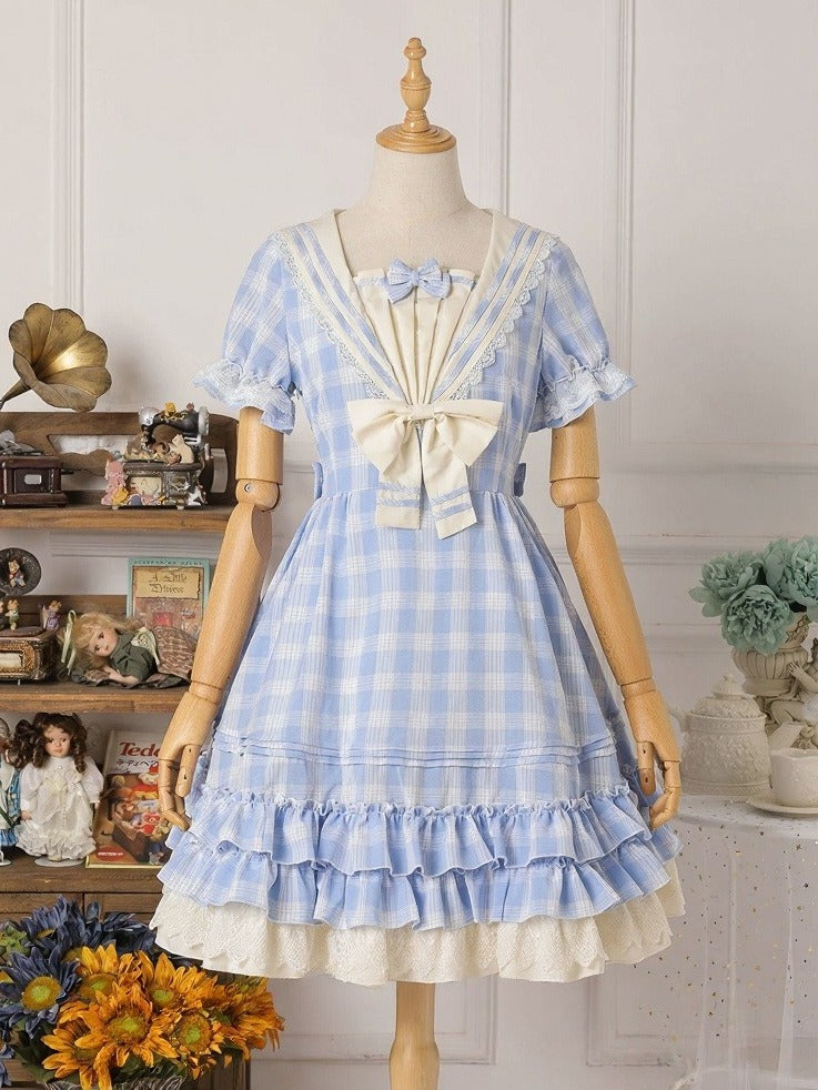 Blue Plaid Sailor Collar Short Sleeve Lolita Dress with Bow Details - Strawberry Witch