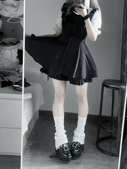 Keiセット - チャイナドレス（襟付き袖付き）+ショートパンツ+リボン（黒）Y2Kジライショートタイ+ヘアクリップ