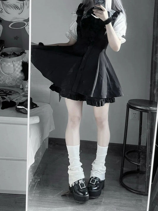 Keiセット - チャイナドレス（襟付き袖付き）+ショートパンツ+リボン（黒）Y2Kジライショートタイ+ヘアクリップ