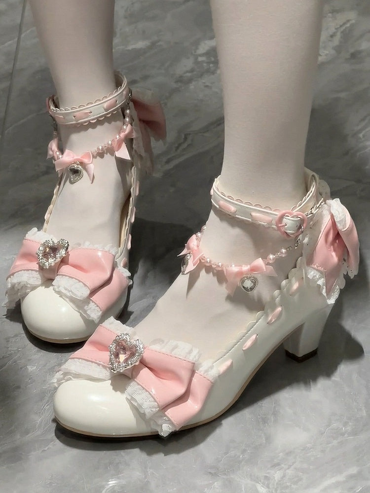 Light Pink & White Crystal Shoes with Bowknot and Pearl Chain, 5.5CM Mid Heel - Pastry Chef Lolita