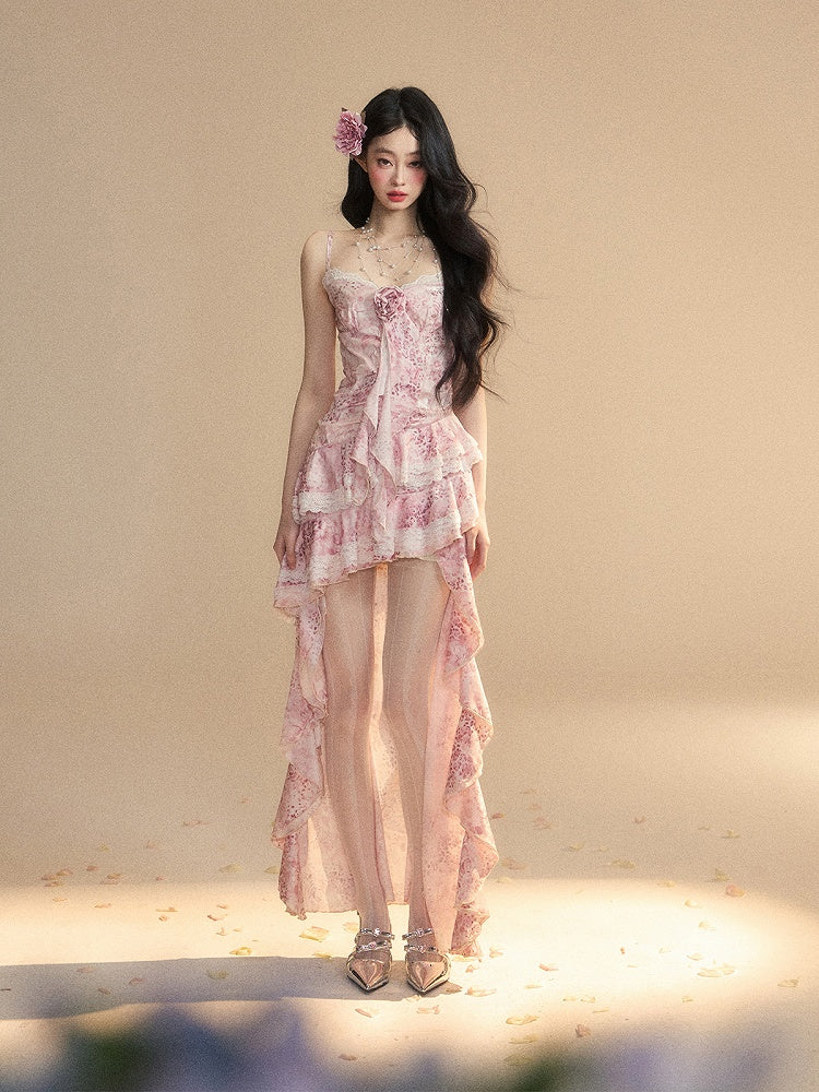 Ruffle Dress Slip Trim Cascading Gown Skirt Pink Tiered High-low