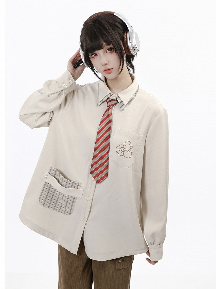 Apricot Double-Collar Long Sleeve Blouse with Striped Tie - PINK SAVIOR