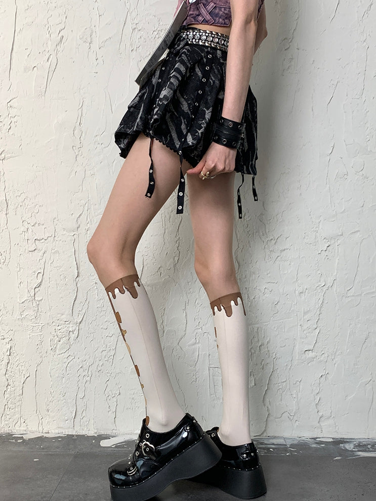 Cookie Print Y2K Bowknot And WhiteBrown Underknee Bittersweet Stockings