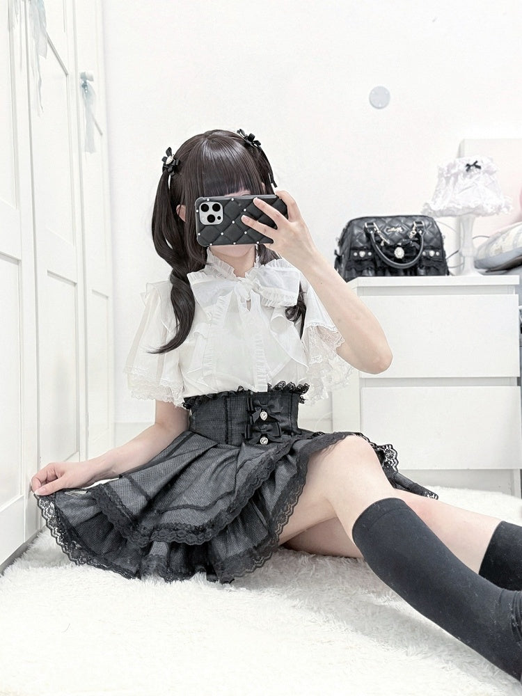 Black High-waisted Check Double-layer Skirt with Lace Trim & Bow - shirohato