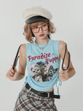 Light Blue Retro Puppy Print Ruched Sleeveless Top - Girlyhalo