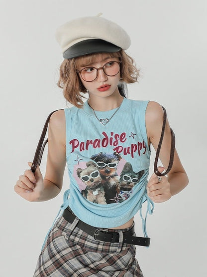 Light Blue Retro Puppy Print Ruched Sleeveless Top - Girlyhalo
