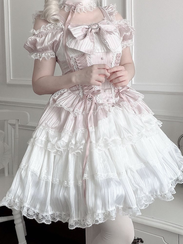 Pink Off-Shoulder Lace Dress with Choker - Virtual Paradise