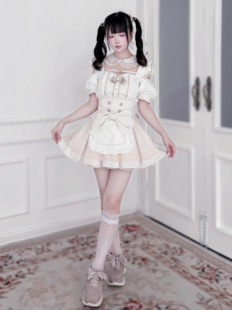 Maid Style Pink & White Landmine Cutout Shoulder Short Sleeve Top with Detachable Apron Skirt - Shi Zhai Xin