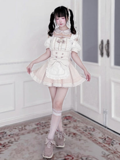 Maid Style Pink & White Landmine Cutout Shoulder Short Sleeve Top with Detachable Apron Skirt - Shi Zhai Xin