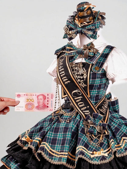 Green Idol Lolita Plaid JSK Dress with Golden Bear Embroidery and Black Scalloped Hem - LiLi Chain