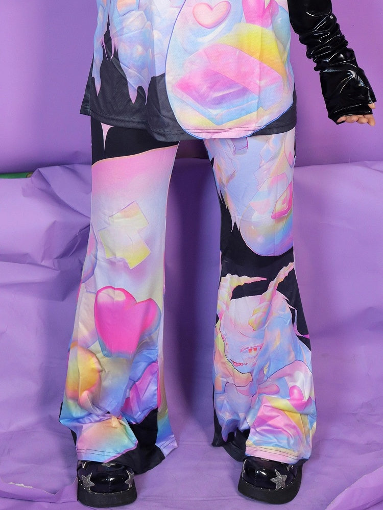 ファッションカラフルなギャルフレア漫画柄パンツ
