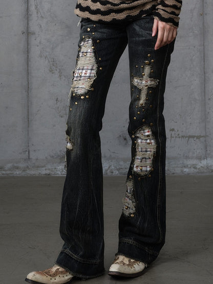 Karierte Distressed Patches Jeans Saum Punk mit ausgefranstem Black Wash Cross