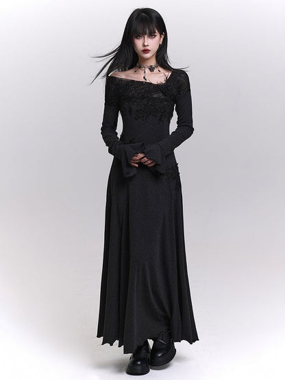 Black One-Shoulder Fleece Lining Maxi Dress with Bell Sleeves and Floral Lace Embroidery