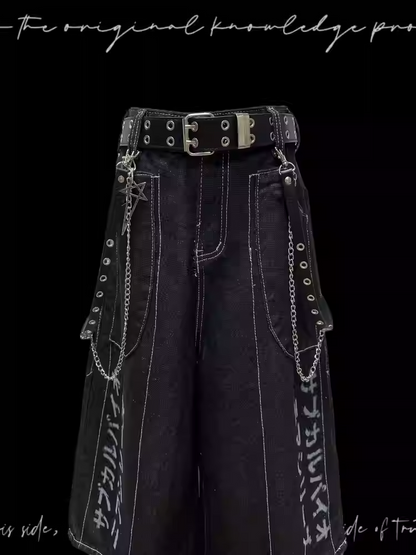 Jeansshorts Y2K Schwarzer Buchstabendruck Weites Bein