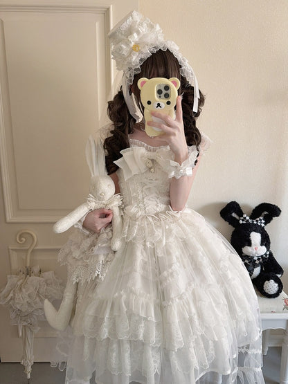 Multi-Layer JSK + Lace Dress Bows Details White / Pure Hanayome-Style Full Overlay Rhinestone Lolita with Set
