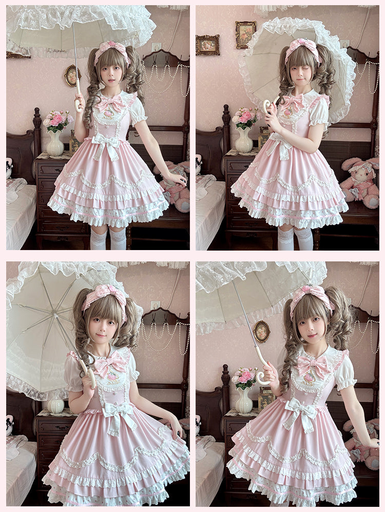 Erdbeerstickerei Rosa gewellter Rand JSK Leichtes süßes Lolita-Kleid