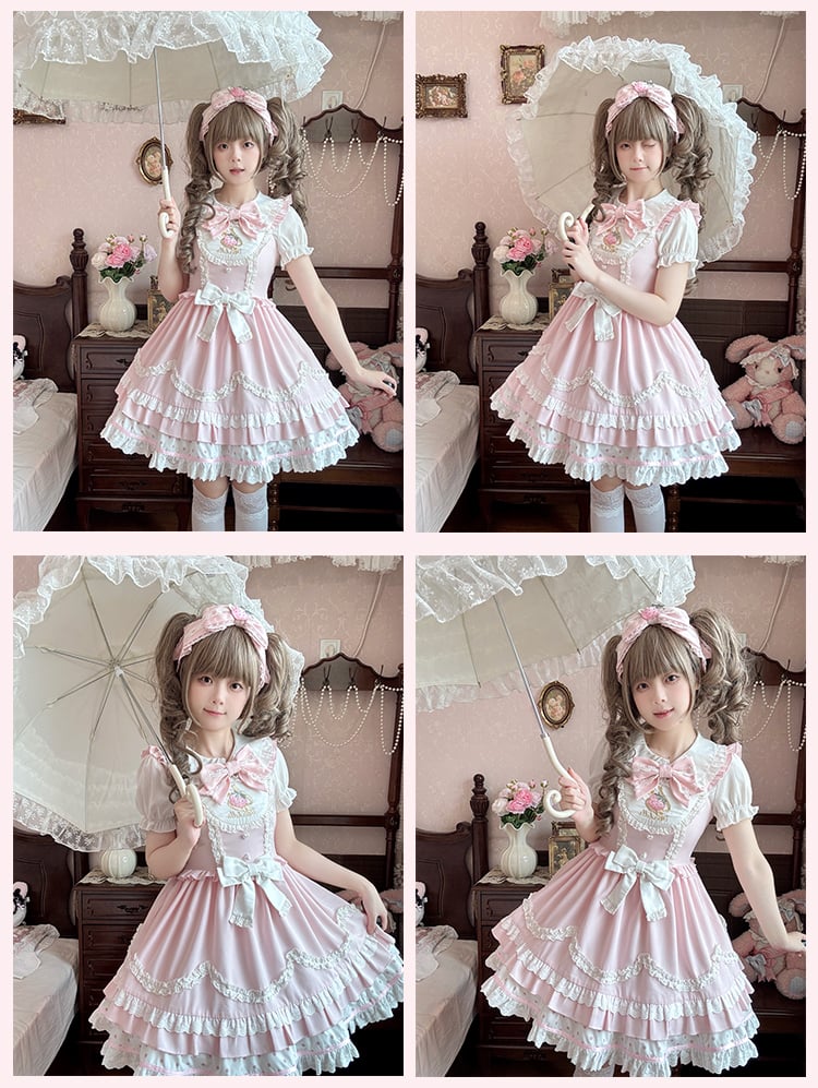 Süßes Lolita-Kleid mit gewelltem Rand und Erdbeerstickerei, Hellrosa JSK