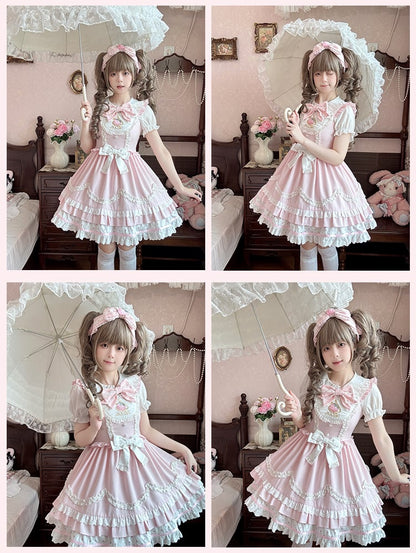 Süßes Lolita-Kleid mit gewelltem Rand und Erdbeerstickerei, Hellrosa JSK