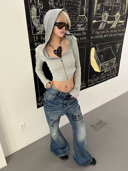 Washed Blue Flared Denim Jeans with Rivet Letter Prints - DETW OnLine