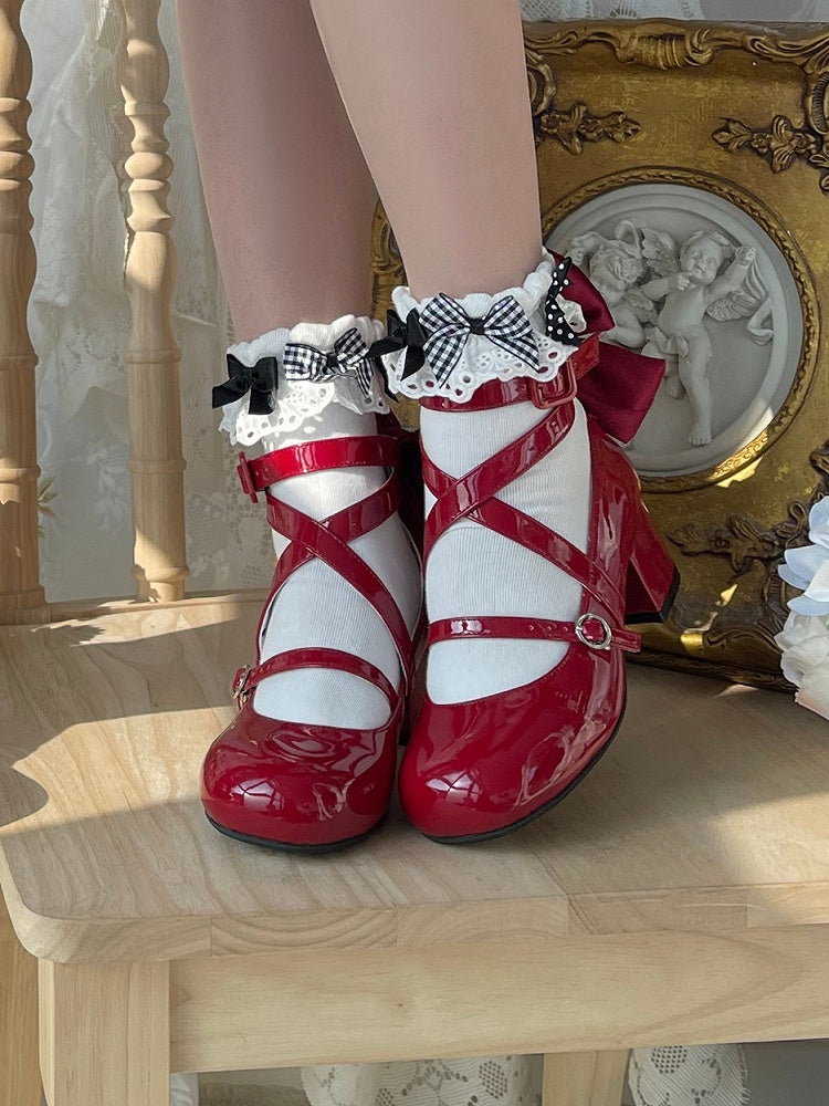 Accent Bow Crisscross Heels Mid Red Design Sweet Toe Round - Lolita