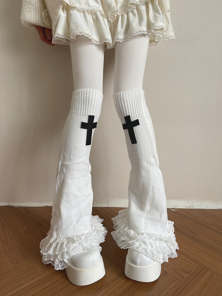 Knitted Lace Trim Leg Gothic Cross Flared Decoration Warmerswith White