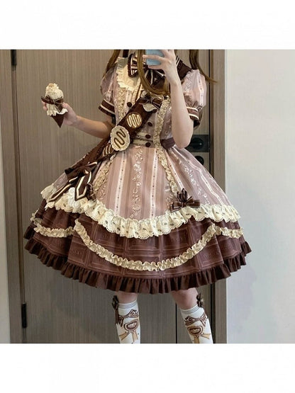 Chocolate Short Sleeve Lolita OP Dress with Lace - Lineall Cat