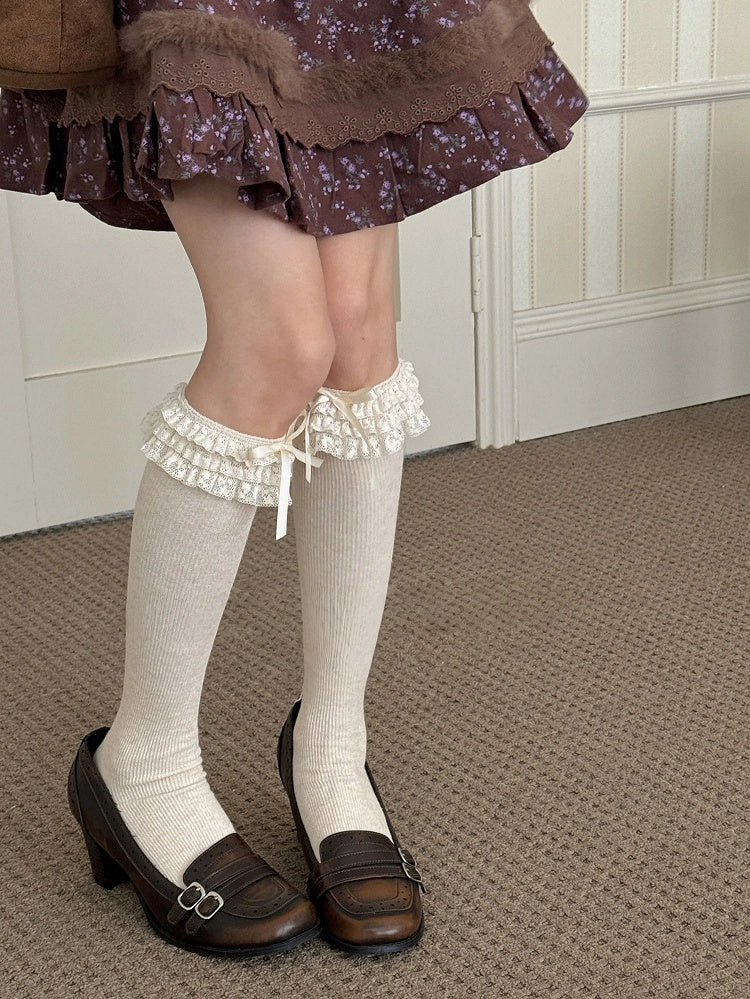 Stockings Bow Cuffs Ruffled with Ribbed Lace