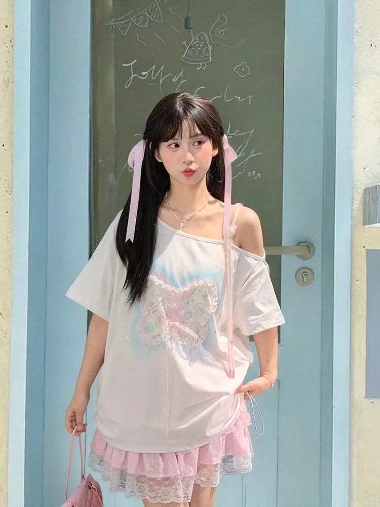 Sequins Decorated Lace-up Butterfly White Asymmetrical Neckline T-shirt Detail