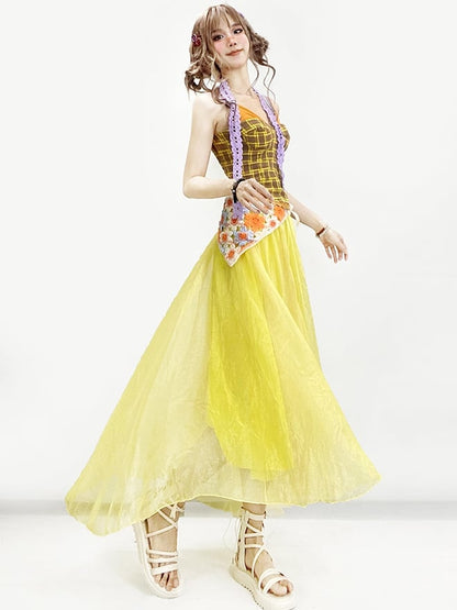 スカーフキャミトップパープルチェック柄Y2Kイエロー