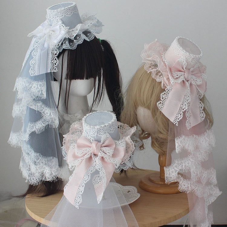 Layered Bow Veil with Hat Lace Mini Head