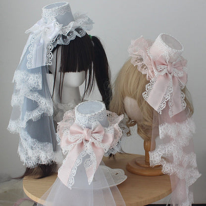 Layered Bow Veil with Hat Lace Mini Head