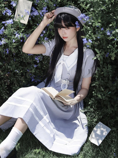 Weiß Gestreiften und Kleid Sommer Ärmeln Taille Puff Blau Gürtel mit