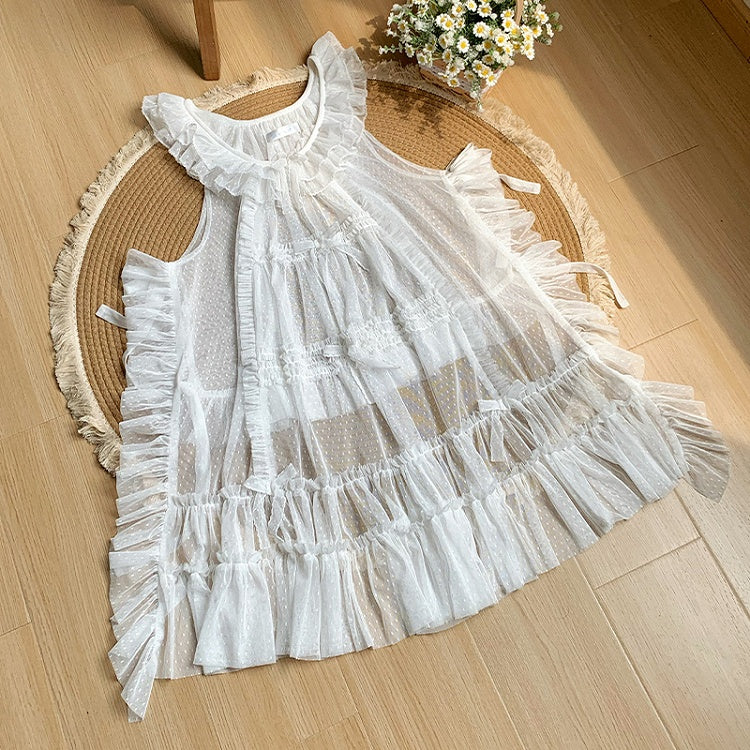 White Tulle Trim and Bow House Overdress Ruffle Pink Details Style Dots