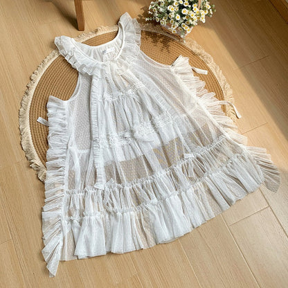 White Tulle Trim and Bow House Overdress Ruffle Pink Details Style Dots