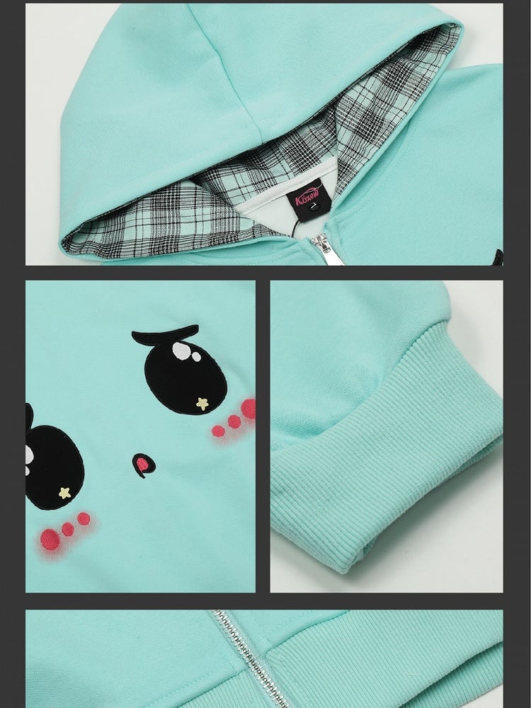 Süßer Yami Kawaii Türkisblau/Pink Zip Hoodie mit traurigen Augen