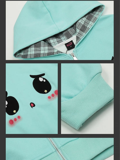 Süßer Yami Kawaii Türkisblau/Pink Zip Hoodie mit traurigen Augen