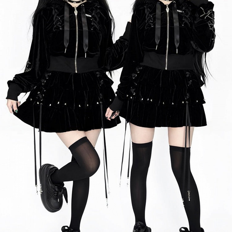 Kei Velvet Black Lace-Up Jirai Stud-Decorated Hoodie Dark